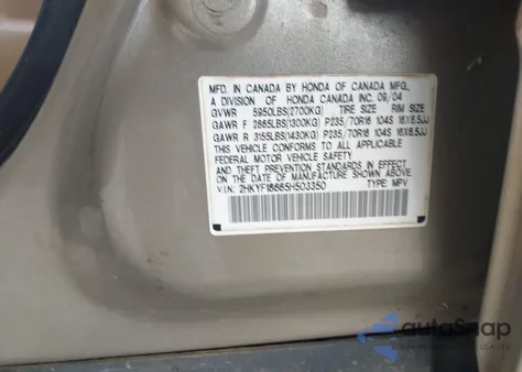 2005 Honda Pilot Ex-L from USA, damaged, VIN 2HKYF18665H503350